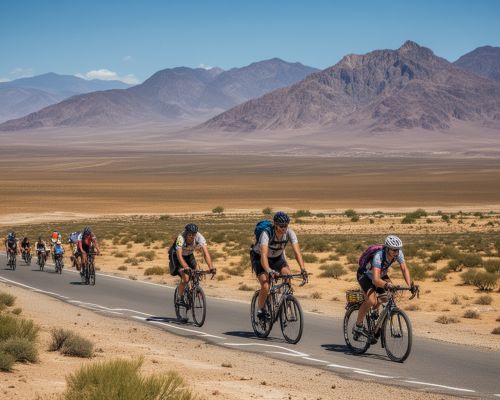 Bike tour group riding through scenic desert landscape with mountains in background