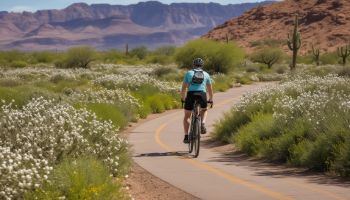 Spring cycling in Mesa with blooming desert landscape