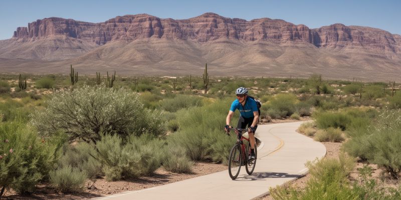 Spring cycling in Mesa with blooming desert landscape