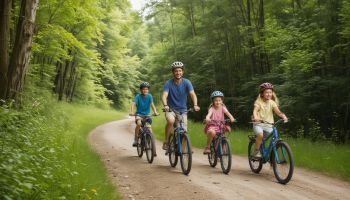 Family cycling together on scenic trail with children's bikes