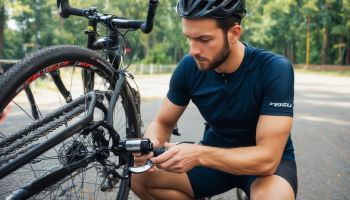 Professional cyclist checking bike tire pressure before ride