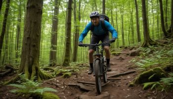 Mountain biker descending technical trail with proper safety gear