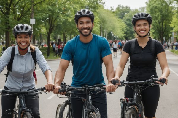 Happy cyclists riding bikes in beautiful Mesa landscape with mountains in background