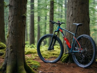 Mountain bike ready for trail adventure with rugged tires and suspension