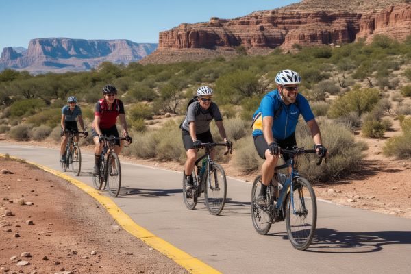 Happy cyclists enjoying a ride in beautiful Mesa landscape