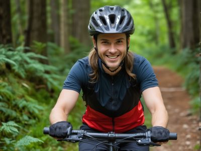 Happy cyclist wearing helmet and safety gear on mountain bike trail