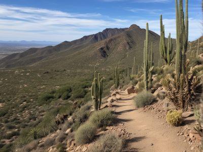 Desert mountain trail with cacti and scenic views